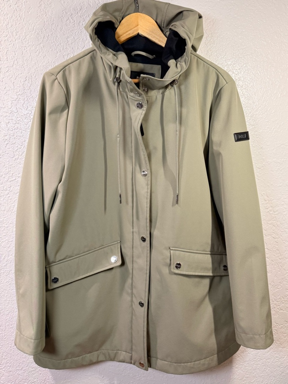 DKNY Hooded Rain Jacket Olive Green Lightweight Waterproof Coat Size L
